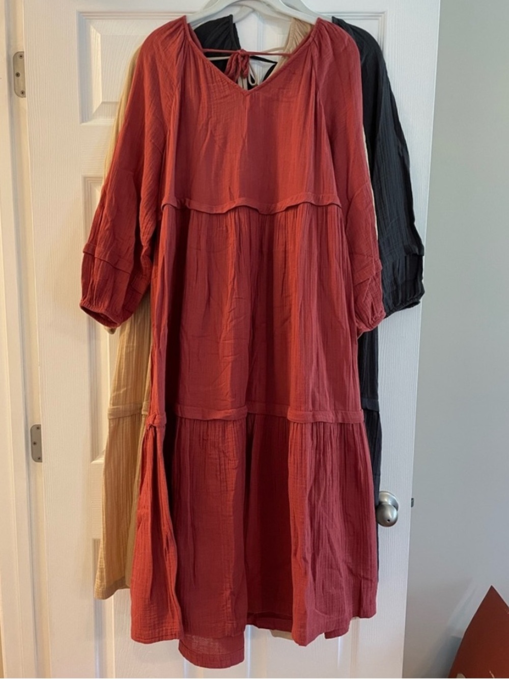 Women's Rust Colored Tiered Midi Dress in Brick Red